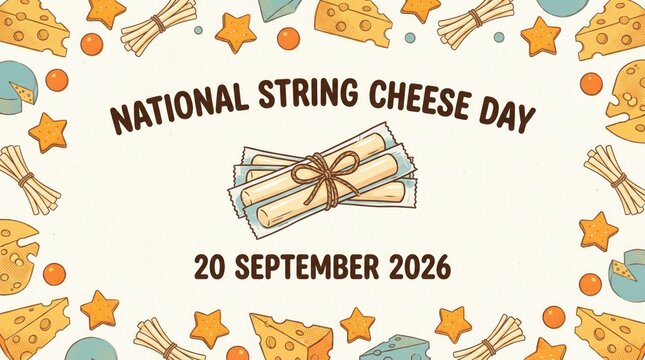 National string cheese day celebration poster with cheese snacks and stars