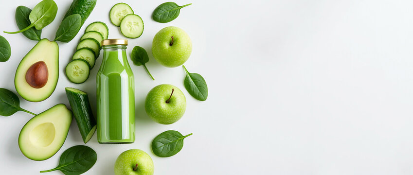 Green smoothie bottle surrounded by fresh ingredients including avocado, cucumber, green apples, and spinach leaves on a white background for healthy lifestyle concepts