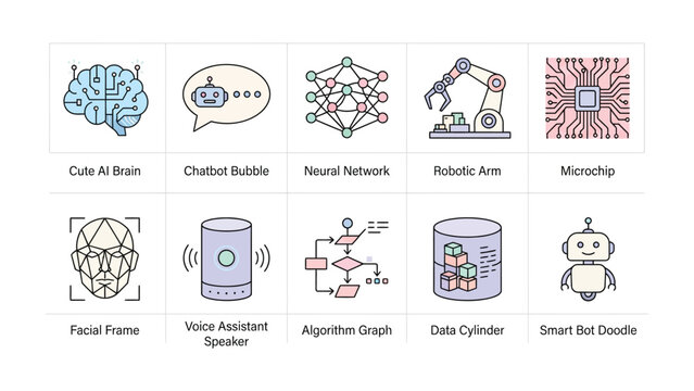 Artificial Intelligence Icon Set: A collection of flat, line-art icons representing various aspects of artificial intelligence, including AI brain, chatbot, neural network, robotic arm, microchip.