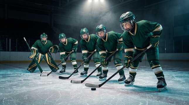 Young ice hockey team posing together on the ice rink under lights.