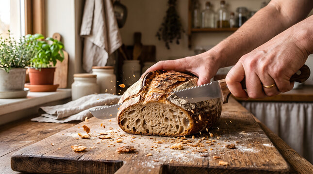 close up of hands chef is slicing bread