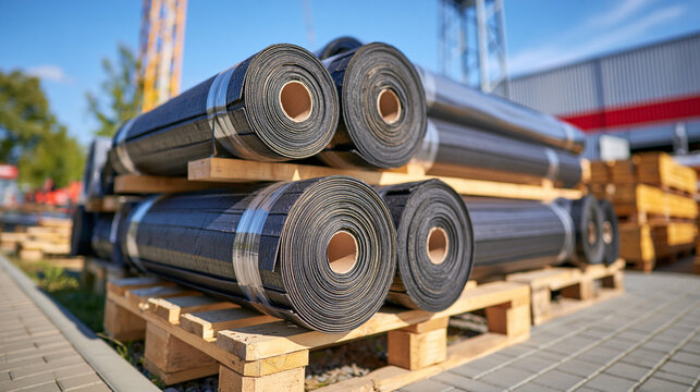 Large rolls of bituminous roofing material stacked neatly on wooden pallets outdoors at a construction materials yard, dark textured surfaces with visible rolled edges, protective packaging, clear b