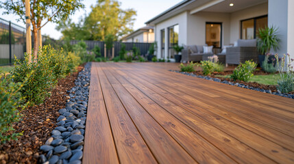 Obraz premium Low angle view across a new wood deck with smooth rounded dark pebbles forming a continuous border, detailed timber planks in the foreground, modern house facade and comfortable outdoor seating in t