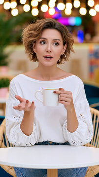 Young woman with short curly hair wearing a white blouse holds a cup while sitting at a table in a brightly lit cafe with colorful decor in the background