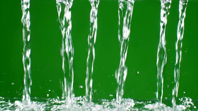 Multiple streams of clear water flowing against green screen background, for easy compositing, and chroma key effects