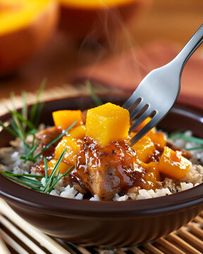 Close-up of a delicious bowl of rice topped with tender meat, sweet mango cubes, and garnished with fresh herbs, served on a wooden table with warm lighting