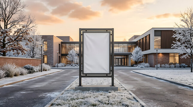 Blank vertical billboard mockup in front of modern office building in winter sunset