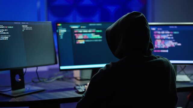 An anonymous hooded hacker typing malicious computer code on multiple monitors in a dark workspace. Concept of cybercrime, cybersecurity breach, malware attack, data theft, and software development.