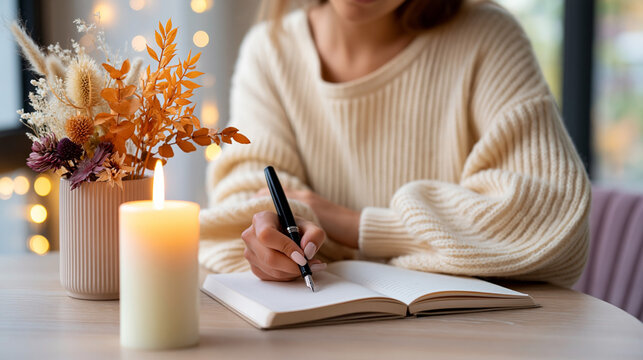Woman in cream sweater writes in notebook at a wooden table with a lit candle and a vase of dried flowers, soft lighting and blurred background create a cozy atmosphere