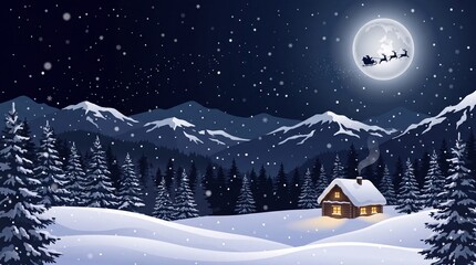 Fototapeta premium A cozy winter cabin glows under a full moon in a snowy mountain landscape, peaceful Christmas night scene and seasonal holiday background.