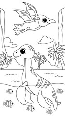 Hand-drawn coloring page featuring a cute plesiosaur swimming and a pterodactyl flying over an island, with a hill and a palm tree in the background © veensahand_art🍅