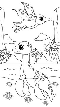 Hand-drawn coloring page featuring a cute plesiosaur swimming and a pterodactyl flying over an island, with a hill and a palm tree in the background