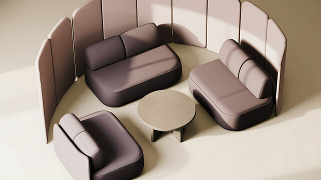 Contemporary lounge seating area with curved divider partitions grey sofas and round coffee table