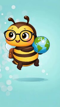 Cute cartoon bee with glasses holding a globe and wearing a backpack, floating joyfully. educational and environmental character concept.
