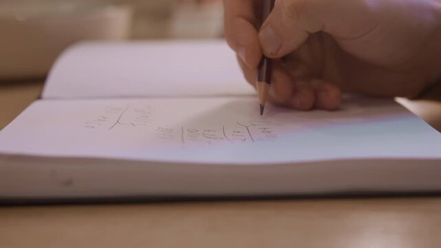 Close up of hand writing mathematical equations in pencil on white notebook paper showing detailed arithmetic calculations. scene features soft lighting and natural indoor setting