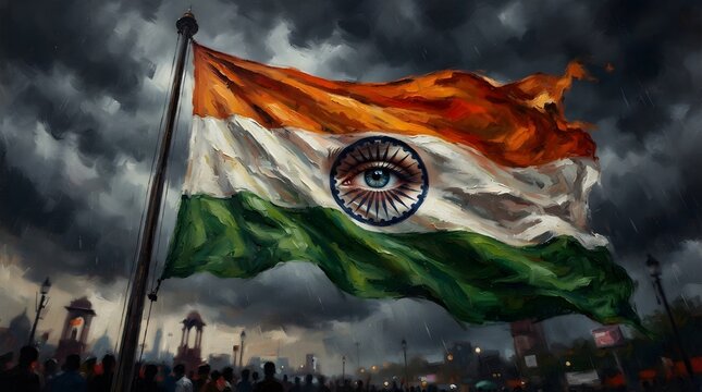 Waving indian flag against a dramatic stormy sky representing national pride