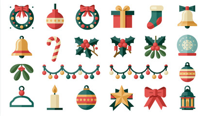 Fototapeta premium Decorative Christmas Holiday Elements Set Featuring Festive Ornaments Wreaths And Seasonal Icons For Winter Celebration Graphic Design Projects