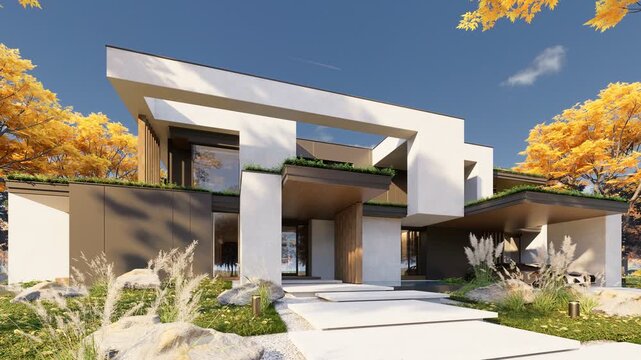 3D architectural rendering and camera movement of a contemporary cubic villa exterior during fall season. Minimalist residential architecture with large glass windows colorful foliage under bright day