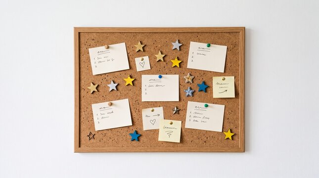 Corkboard with handwritten notes and star decorations for goal setting