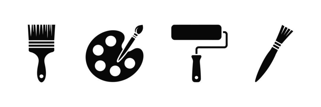 Paint, icon set featuring paint brush and paint roller symbols, painting tools, decorating equipment, renovation supplies, isolated on white background, and vector design.