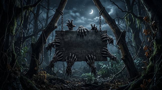 Creepy undead hands reaching around a blank dark sign in a haunted night forest, creating a spooky Halloween background with copy space for horror messages