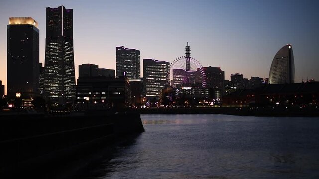 Minato Mirai night skyline with Landmark Tower and ferris wheel, Naka, Yokohama