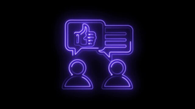 Neon glowing communication icons with thumbs up and speech bubbles representing positive feedback