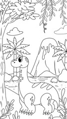 handdrawn coloring page depicting a branchiosaur against a backdrop of volcanic hills and a lush prehistoric forest  © veensahand_art🍅