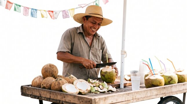 Smiling street vendor prepares fresh coconut water on a sunny day