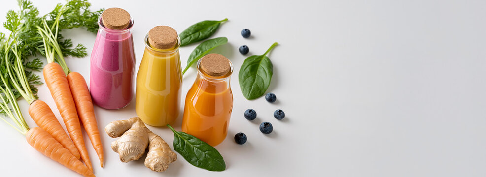 Three glass bottles of colorful smoothies placed beside fresh carrots, ginger, spinach leaves, and blueberries on a white background for healthy lifestyle concepts
