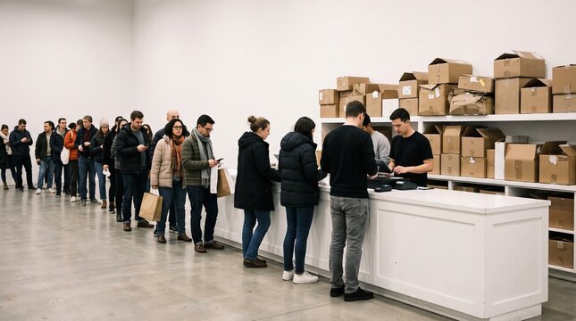 People patiently waiting in a long queue at a retail store checkout counter