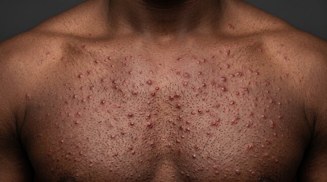 Close up of African American male chest with severe body acne, folliculitis and red papules on dark skin