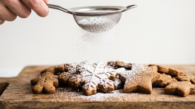 Dusting festive gingerbread cookies with powdered sugar on a wooden board