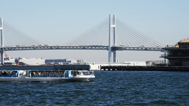 Yokohama Bay Bridge with sightseeing sea bus passing below, Naka, Yokohama