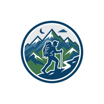 Hiker with backpack and walking pole in mountain landscape badge logo