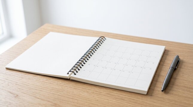 Open spiral bound calendar with pen on wooden desk, ready for planning