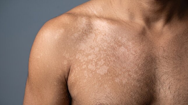 Male chest and shoulder showing tinea versicolor, pityriasis versicolor or hypopigmentation fungal skin infection