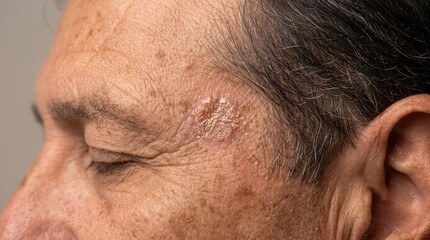 Fototapeta premium Macro view of scaly skin lesion on elderly male face, showing symptoms of actinic keratosis or squamous cell carcinoma
