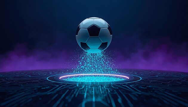 Soccer ball hovering over digital circuit board portal with blue dust.