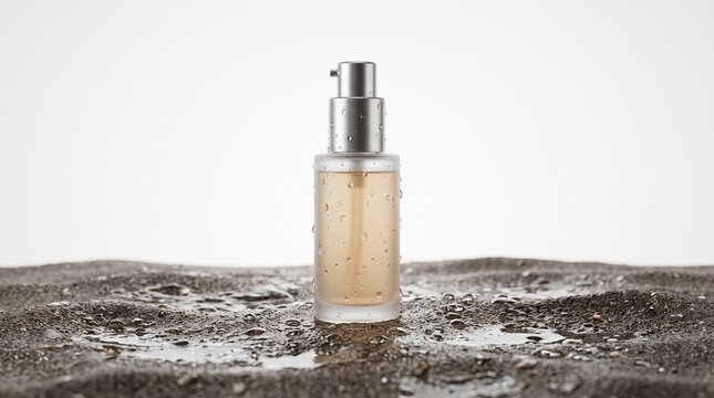 Cosmetic serum bottle with water droplets on textured surface