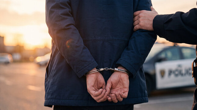 A handcuffed man is taken to a police station for questioning. Concepts of law enforcement, arrest, violation of the law, and criminal activity.