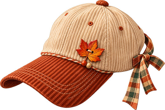 Autumn Corduroy Baseball Cap with Maple Leaf Charm and Plaid Ribbon