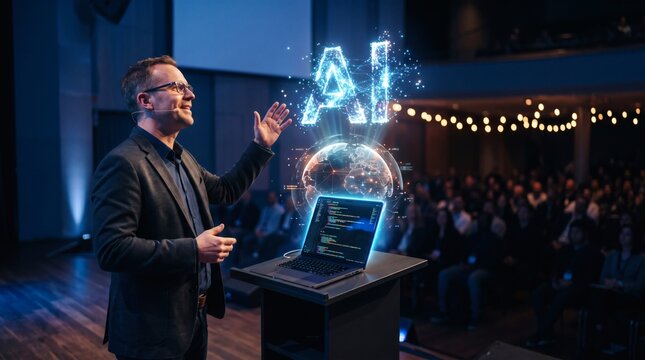 Professional speaker presenting artificial intelligence technology to a large audience