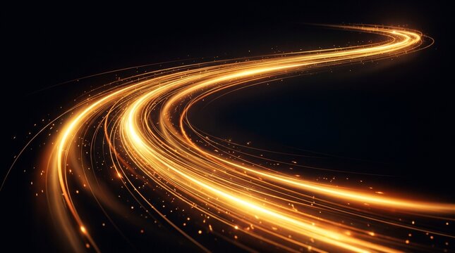 Abstract golden light trails flowing in elegant curved paths across a deep black background