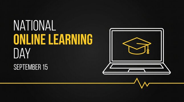 National online learning day banner with laptop and graduation cap icon on black background