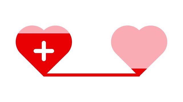 Medical animation of a blood bag transfusing red blood into a heart symbol with a medical cross, on a white background. Concept of donation.