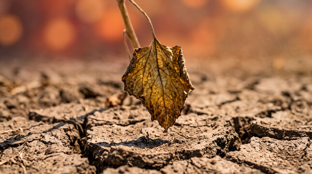 Dry Leaf on Cracked Ground with Wildfire in Background Symbolizing Drought and Fire Risk