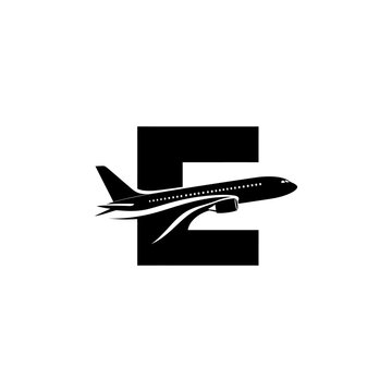 Letter E logo design with a modern airplane silhouette.