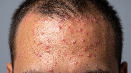 Naklejka premium Close up of male forehead suffering from acne vulgaris, rosacea and dense red papules with skin redness