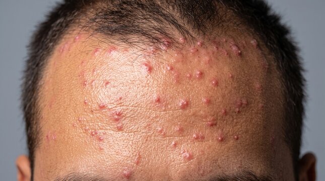 Close up of male forehead suffering from acne vulgaris, rosacea and dense red papules with skin redness